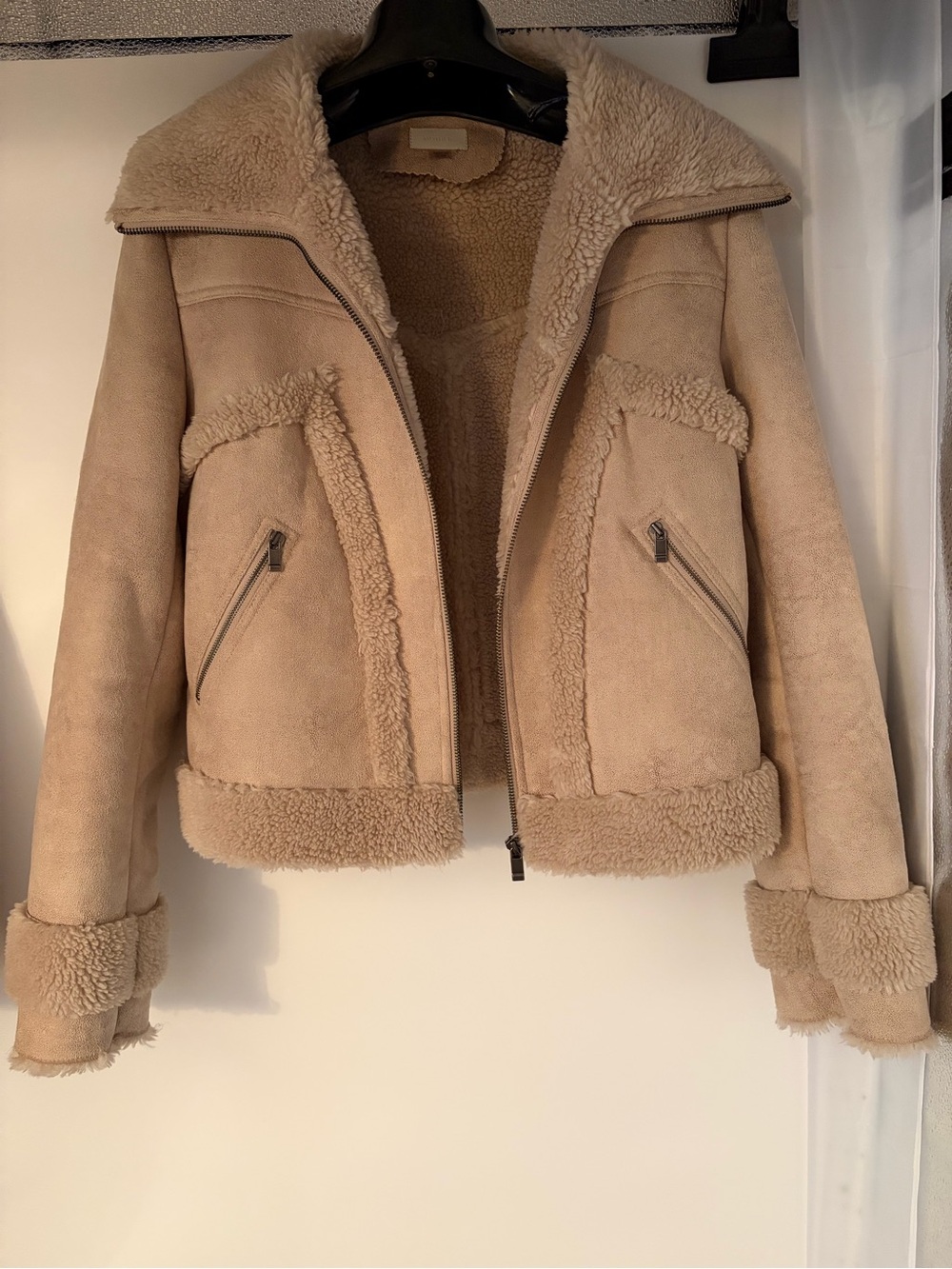MOTHER The Roamer Beige Faux Leather Shearling Aviator Jacket Moto Bomber Small